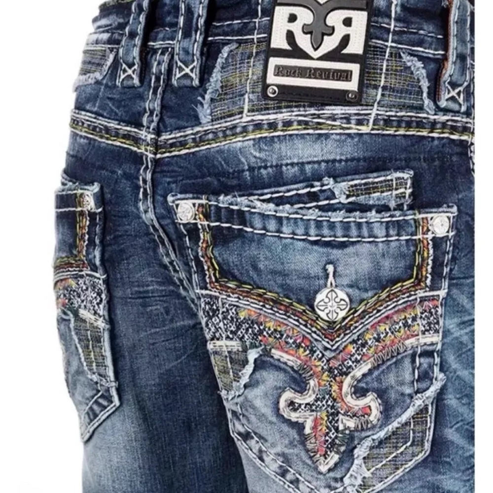 Rock Revival Blue Relaxed Jeans with Ornate Design